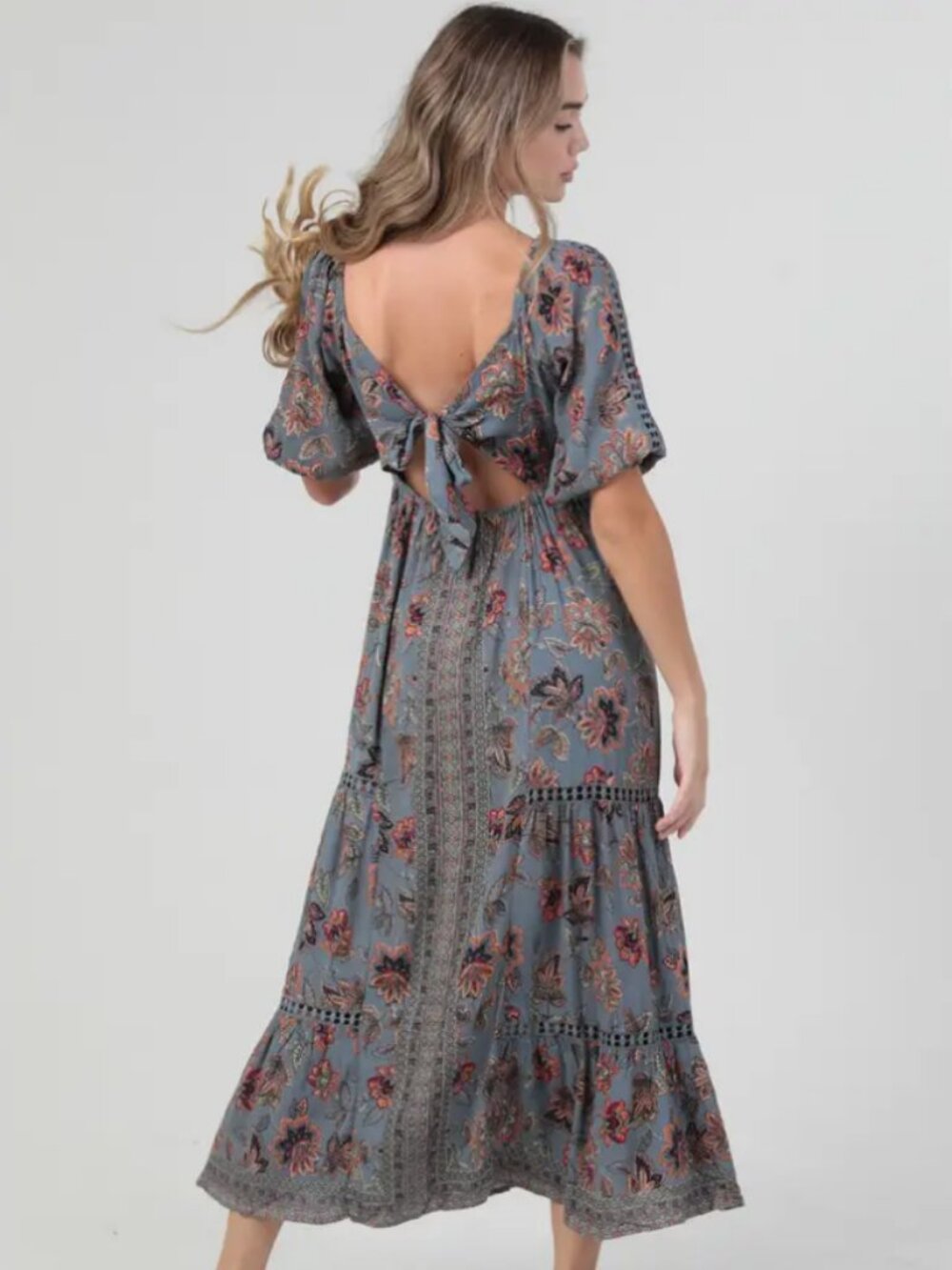 Milkmaid Renaissance Puff Sleeve Floral Tiered Maxi Dress Cottagecore Fairy Boho - Picture 2 of 11